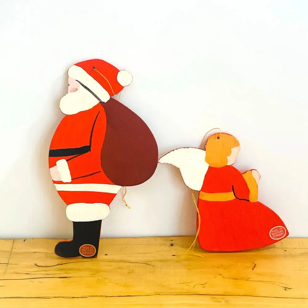 Vtg MCM W. Germany Wood Santa & Angel Christmas Ornaments Gift Topper Handmade